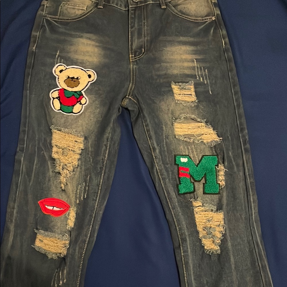 Stylish Distressed Blue Jeans with Patches